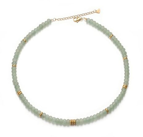 Aleasha Grüner Aventurin Jade Kette 4mm Stein Boho Choker Damen Gold Edelstahl Halskette Handgefertigt Schmuck 38+6cm