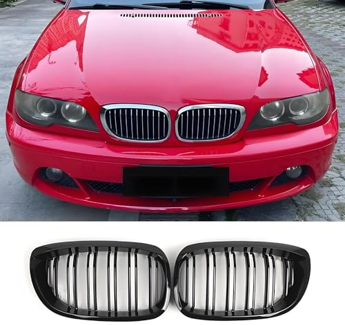 Jinpengyong Nieren Schwarz Kühlergrill für BMW 3er E46 2 Door 2002-2005 LCI | Doppelsteg Gitter Schwarz Glanz Grill ABS Frontgrill Kühlergitter nur für 2-türige Fahrzeuge, 4-türig ungeeignet