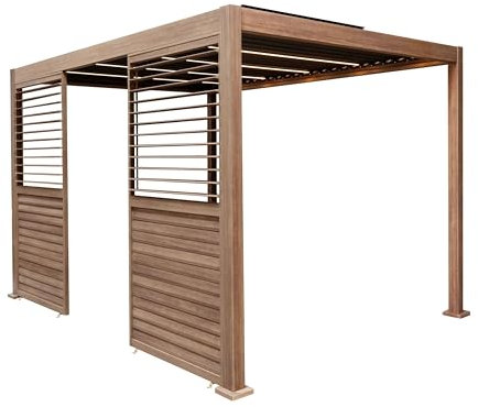 Metal Pergola 3m x 3m Wood Effect With LED Lights & 2 Side Panels Tilting Canopy Roof Aluminium Outdoor Garden Gazebo Sun Shelter Patio UV Protection Weather Resistant Tools & Ground Bolts Included