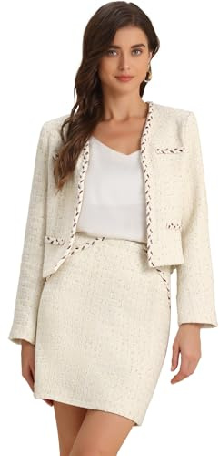 Allegra K Tenues en Tweed à Carreaux pour Femmes Ensemble Veste Blazer Courte et Jupe Ouverte sur Le Devant