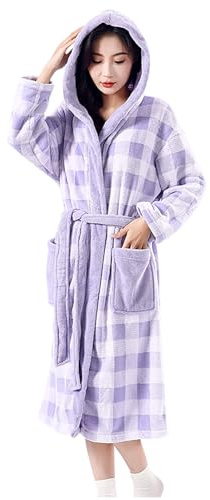 Flodxo Peignoir de bain à capuche en polaire douce et confortable pour femme - Imprimé à carreaux vintage - Manteau d'hiver Sherpa - Chaud et confortable - Avec poches