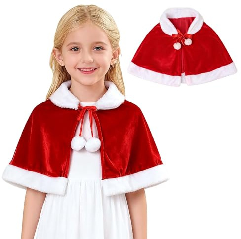GTJEOI Weihnachten Santa Umhang Kinder, Weihnachtsmantel Cape Mädchen, Weihnachtsfrau Kostüm Kinder, Rote Samt Mantel Weihnachtens Umhang für Weihnachten Kostüm Party