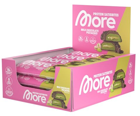 MORE Protein Satisbites, 12er Box Proteinriegel, Milk Chocolate Pistachio | 12 x 2 x 25 g, bis zu 16 g Protein pro Portion, ohne Zuckerzusatz, made in Germany