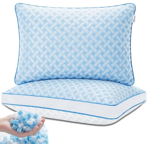 Klyvvo Gel Memory Foam Kopfkissen 50 x 70 cm （2er Set）mit abnehmbarem Bezug | höhenverstellbar, Memory-Foam-Flocken & Faserwatte, Schlafkissen ideal für Seitenschläfer, Rückenschläfer & Bauchschläfer