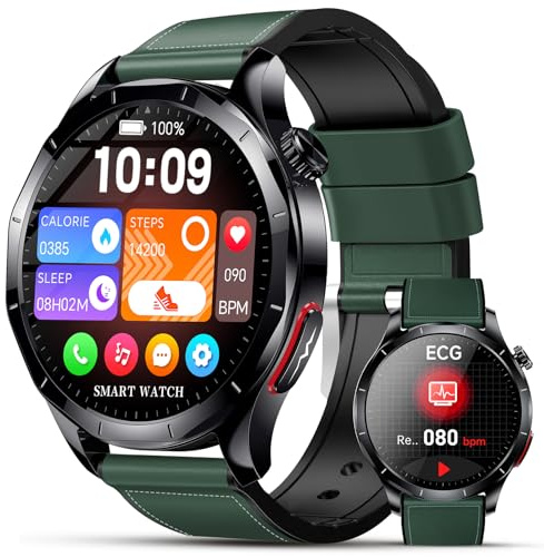 Lgnitek 2026 Neu Smartwatch Herren mit EKG/HRV/BMI/Harnsäure, 1,43 AMOLED Gesundheitsuhr mit 24H Blutdruck SpO2 Schlafmonitor SOS-Notruf Fitnessuhr Android/iOS, Grün Lederarmband