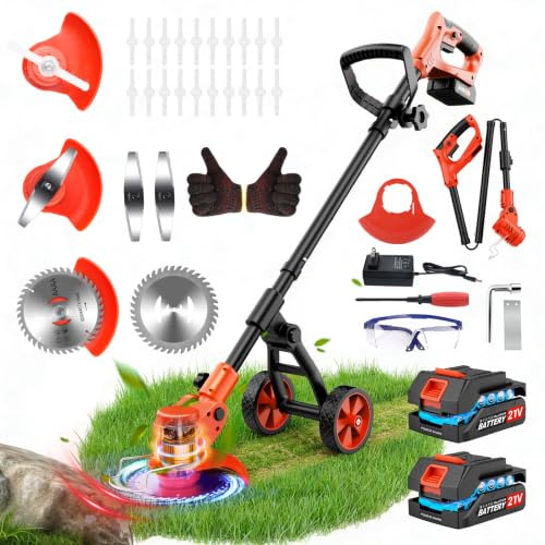 Decespugliatore a Batteria da 21V,Tagliabordi a Batteria Decespugliatore Elettrico con 2×2,0Ah Batterie con Caricabatterie e Ruote Rimovibili, 3 Tipi di Lame per Il Taglio Di Giardini Prati