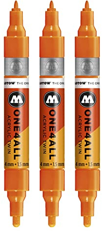 Molotow One4All Acrylic Twin Marker (Strichstärke 1,5 mm und 4 mm, hochdeckend und permanent) 3 Stück Farbe 218 neon orange floureszierend