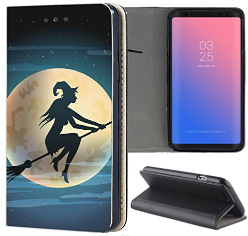 Huawei P20 Lite Hülle Premium Smart Einseitig Flipcover Hülle P20 Lite Flip Case Handyhülle Huawei P20 Lite Motiv (1508 Hexe Besen Halloween Mond)