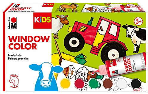 Marabu 0306000000010 - Kids Window Color Farmer mit 6 x 80 ml Farbe, Malvorlage A3 mit 25 Motiven und Folie A4, Fenstermalfarbe auf Wasserbasis, geeignet für Glas, Spiegel, Fliesen und Folie