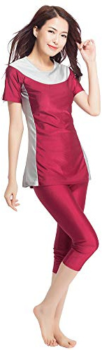 TianMaiGeLun Maillots de Bain pour Femmes Musulmanes 2 pièces Musulmans Burkini Short Surf Wear Modest Maillot de Bain Beachwear Muslim Swimwear (Rouge, L)