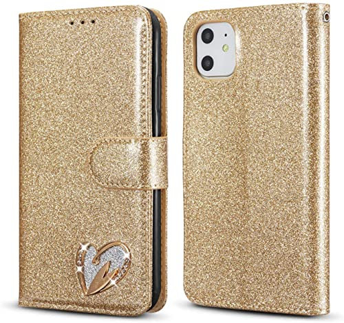 QLTYPRI iPhone 11 Hülle, Glitzer Handyhülle PU Ledertasche TPU Etui Handschlaufe Kartenfach mit Eingelegten Liebe Herz Diamond Flip Schutzhülle für iPhone 11 (6,1 Zoll) - Gold