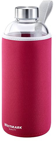 Westmark Botella para beber, De vidrio con impresión, Incl. cubierta protectora, 1000 ml, Vidrio/silicona/caucho, Sin BPA, Viva, Rojo/plata/transparente, 5274226R