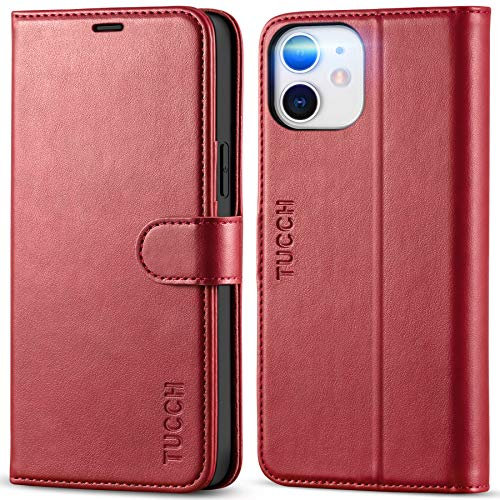 TUCCH Hülle für iPhone 12, iPhone 12 Pro Cover, Schutzhülle [Schützt vor Stößen] [Magnetverschluss] [Kartenfach] [Verdicktes TPU] Handyhülle klappbar für iPhone 12/12 Pro (6,1 Zoll) Dunkelrot