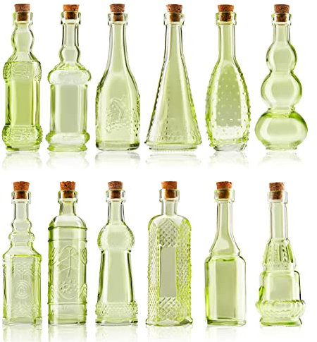 BULK PARADISE Small Mini Green Vintage Glass Bottles with Corks, Mini Vases, Decorative, Potion, Assorted Design Set of 12 pcs, 4.6 Inch Tall (11.43cm), 1.4 Inch Wide (3.56cm)