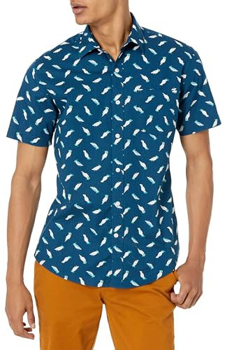 Amazon Essentials Men's Regular-Fit Short-Sleeve Print Shirt, Teal Blue Birds, L