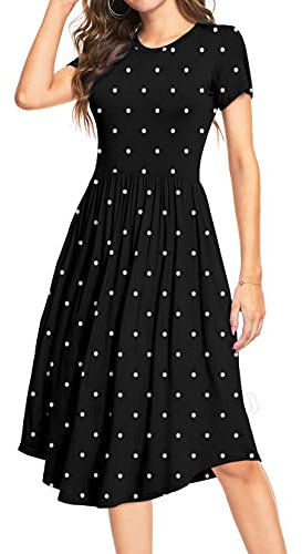 YUNDAI Women Summer Midi Dress Short Sleeve Ladies Dress Crew Neck Floral Plain Beach Party Dresses with Pocket