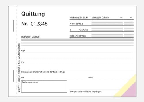 Nummerierter Quittungsblock, mit Mehrwertsteuer, 3-fach selbstdurchschreibend, 3x50 Blatt