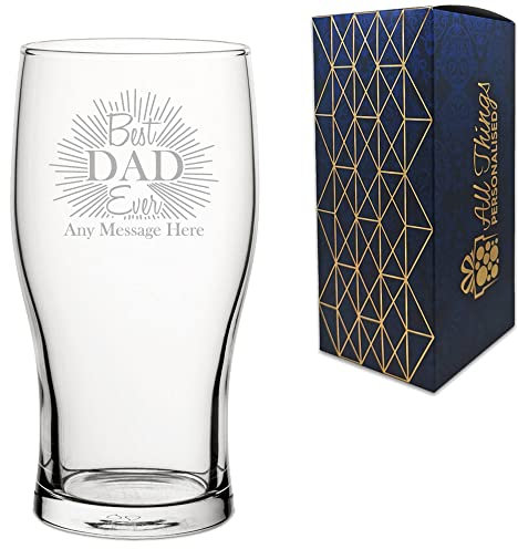 Personalised Engraved Tulip Pint Glass with Best Dad Ever Design, Personalise with Any Message for Birthdays Fathers Day Christmas, Gift Box Included, Laser Engraved
