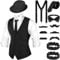 Blulu 1920er Herren Zubehör Gatsby Gangster Kleidung Kostüm Halloween Cosplay Outfit mit Weste Fedora Hut Taschenuhr Hosenträger Fliege für Mann Halloween Cosplay (S, Schwarz)
