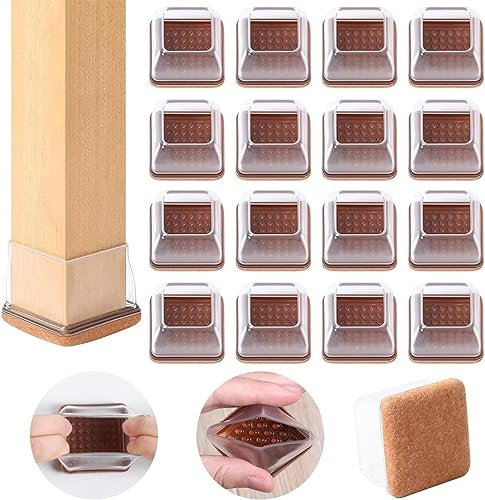 Ezprotekt Protection Pied de Chaise, 16 pièces Capuchons de Protection de Sol carrés en Silicone Transparent pour Pieds de Chaise avec Feutre, en Silicone, sans Rayures, sans Bruit