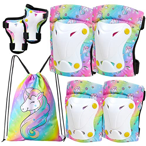 FIODAY Knieschoner für Kinder, Einhorn-Knieschützer, Ellenbogenschützer, Handgelenkschoner mit Tasche, Kinder, verstellbare Schutzausrüstung, Set für Inline-Skating, Radfahren, Roller, 3-8 Jahre