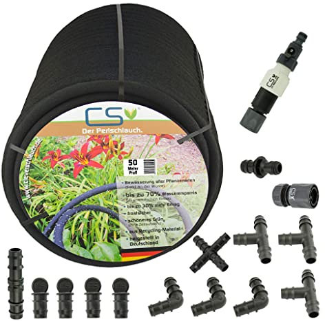 50 m CS Perlschlauch Profi mit Zubehör-Set Z3 für die nachhaltige Gartenbewässerung/Flächenbewässerung/Rasenbewässerung aus dem Wasserhahn