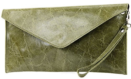 modamoda de - T106G - ital Clutch Unterarmtasche Glattleder, Farbe:Olivgrün Hell