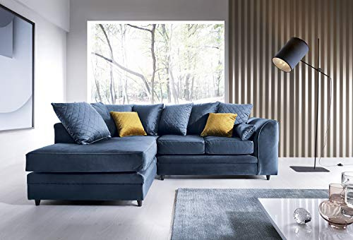Abakus Direct Left Hand Corner Sofas for Living Room - Stylish Chicago L Shaped Sofa with Water Repellent Velvet Fabric | Contemporary Chaise Lounge Sofa Corner in Dark Blue | 212Wx164Dx78H