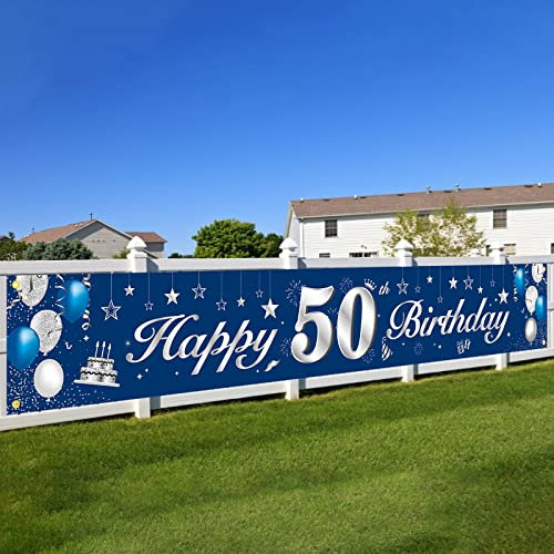 50.Geburtstagsfeier Dekorationen Banner,BTZO 50 Geburtstag Banner Blau Silber,50.Geburtstag Deko Hintergrund Lange Größe 50.geburtstag Banner Für Jungen Und Mädchen Party Geburtstagdeko