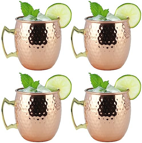 Arora Moscow Mule Mug, Set of 4 Copper Hammered, Durable for Home Dining, Max Capacity 20oz, 3.7 D x 3.9 H
