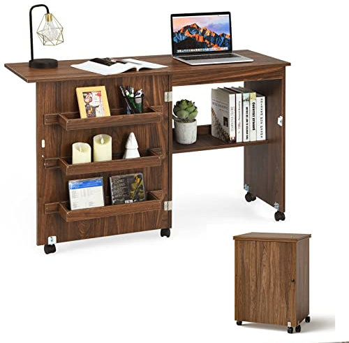 LIFEZEAL Nähmaschinenschrank klappbar, Nähschrank 2 in 1, Schreibtisch Holz mit Haken, Ablage & Rollen, Mobiler Nähtisch Nähmöbel für Zuhause & Büro (Braun, 117 x 40 x 77cm)