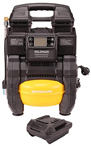 WELDINGER Flüsterkompressor FK60 akku pro 550W Druckbereich 3-9 bar Digitaldisplay 5 Liter Aluminiumtank für Hitachi 18V-Akkus 5 Jahre Garantie