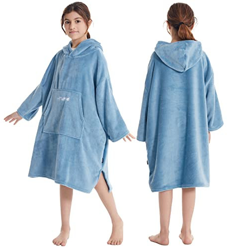 Hiturbo Kids Changing Robe,Hooded Towel Poncho Bath Robe,Wearable Blanket Swimming Bathrobe,Fleece Dressing Gown for Beach,Bathing,Surfing,Indoor & Outdoor Activities Blue