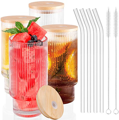 AKONEGE Vasos de cristal acanalados con tapa y popotes, vasos de vidrio acanalado de 12 onzas, juego de 4, tazas de café helado, accesorios de barra de café para whisky, cóctel, cerveza, café, té