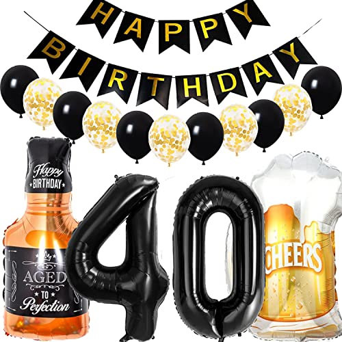 Conruich Geburtstagsdeko 40 Jahre Mann Frau, Luftballon 40. Geburtstag Deko Mann, Folienballon Zahl 40 Schwarz, Helium Ballon Whiskey Bierglas für 40. Geburtstag Manner Party Dekoration