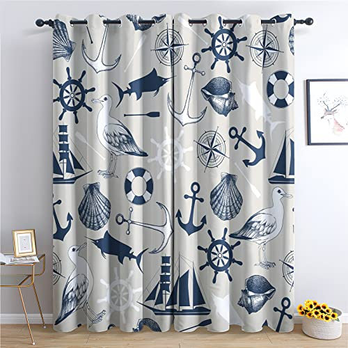THYUNQ Maritime Vorhänge, Vorhang Blickdicht Verdunklungsvorhänge mit Ösen - Gardinen Wohnzimmer Schlafzimmer Fenster mit Muster, 2er Set Curtains, H 175 x B 140 cm