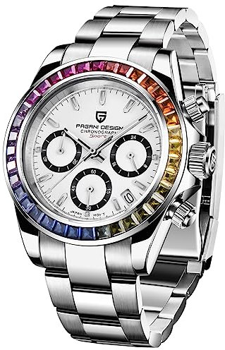 Pagani Design 1644. Klassischer Chronograph für Herren. Japanisches Uhrwerk VK63. Panda Zifferblatt, Lünette aus Keramik. Edelstahl, wasserdichte Quarzuhr, Eisblau, Bianco