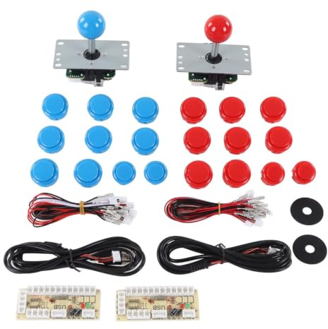 HERCHR Codificador De Juegos De Arcade DIY para 2 Jugadores, Joystick, Juego De Botones De Arcade, 2 Manijas De Joystick Ovaladas Elípticas, 20 Botones De Arcade(Blue+Red)