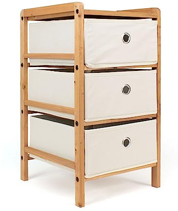 THE SECRET HOME - Mueble Auxiliar de Madera - Cajonera de 3 Cajones en Madera y Tela – Color Marrón y Beige - Mueble Organizador para Baño, Cocina, Salón, Dormitorio