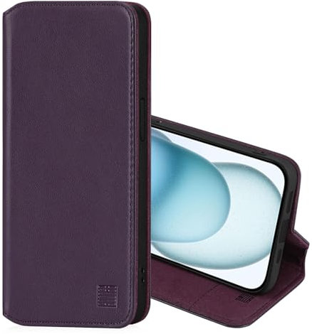 32nd Classic Series 2.0 - Real Leather Book Wallet Flip Case Cover For Apple iPhone 15 Plus (6.7), With RFID Blocking Card Slot, Magnetic Closure and Built In Stand - Aubergine