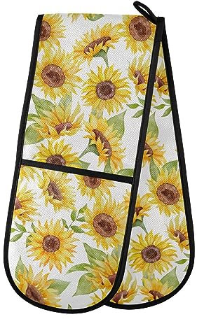 Double Oven Gloves Sunflowers Leaves White Heat Resistant Pot Holder Oven Mitt Gloves for BBQ Cooking Baking Grilling Microwave