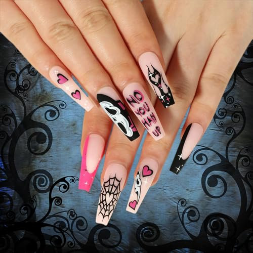 Halloween False Nails, Press on Nails with Pink Heart Pattern, 24PCS Long Coffin Stick on Nails for Women and Girls, Fake Nails Set with Nail Glue Art Cosplay Decoration
