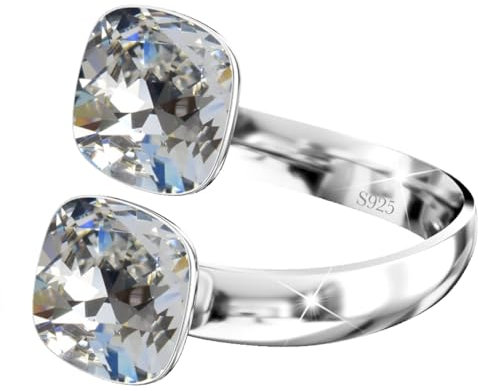 925 Sterling Silber Doppelt Kristall Ringe für Damen Verstellbarer mit Marken Kristalle - Glänzend Cubic Zirkonia Ring Fingerring Kommt in Schmuck Geschenk Box (Crystal)