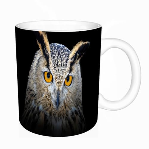 DHAEY Tazza da caffè divertente Tazza da tè in ceramica,Gufo che guarda i grandi occhi fuori dall'oscurità da vicino,regalo di compleanno per uomini donne moglie marito figlia amici collega