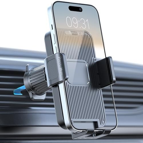 WIOUKUO Phone Holder, Air Vent Mount Cradle 360° Rotation [2024 Upgraded Ultra Stable Hook Clip] - One Button Release for iPhone, Galaxy All 4.0''-7.2'' Phones