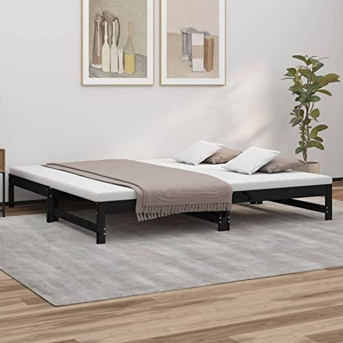 DJEKA Tagesbett Ausziehbar 2X(100x200) cm Jugendbett 100x200 cm Bett Mit Ausziehbett Schwarz-4 Tagesbett 100x200 Ausziehbar Tagesbett aus Holz Tagesbettgestell Sofabett Schlafsofa Massivholz Kiefer