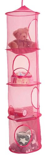 OHS Teddy Storage for Kids Pink, 4 Layer Hanging Mesh Net Ceiling Basket for Clothes, Books, Socks, Towels - Extra Large Kids Bedroom Storage
