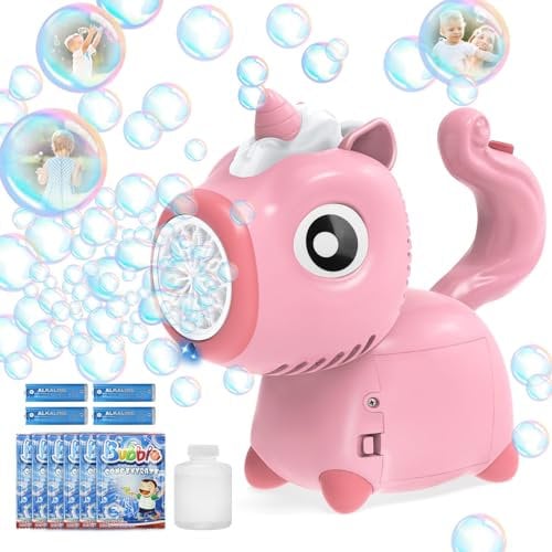 Seifenblasenmaschine, Einhorn Seifenblasenmaschine für Kinder, Seifenblasenpistole mit 6 Seifenblasen Flüssigkeit, Regenbogen Seifenblas Spielzeug mit Licht Kinder/Geburtstag/Party/Hochzeit, Rosa