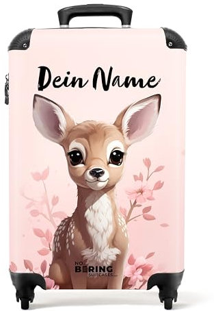 NoBoringSuitcases.com Kinderkoffer, Kinderkoffer Mädchen, Koffer Kinder, Kinder Reisekoffer, Kindertrolley Mädchen, Handgepäck, Rollkoffer, Reisekoffer Personalisiert, 55x40x20 cm (Rehkitz - Rosa)