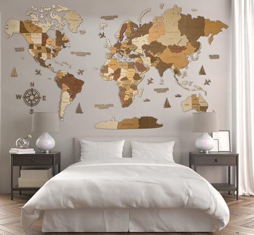 Hölzerne Weltkarte (Deutsch) - 3D Art Large Wall Decor - Karte Größe (M, L, XL) Jeder Anlass Geschenkidee - Wandkunst für Haus, Küche oder Büro (KALIFORNIEN, M (120x62 cm))
